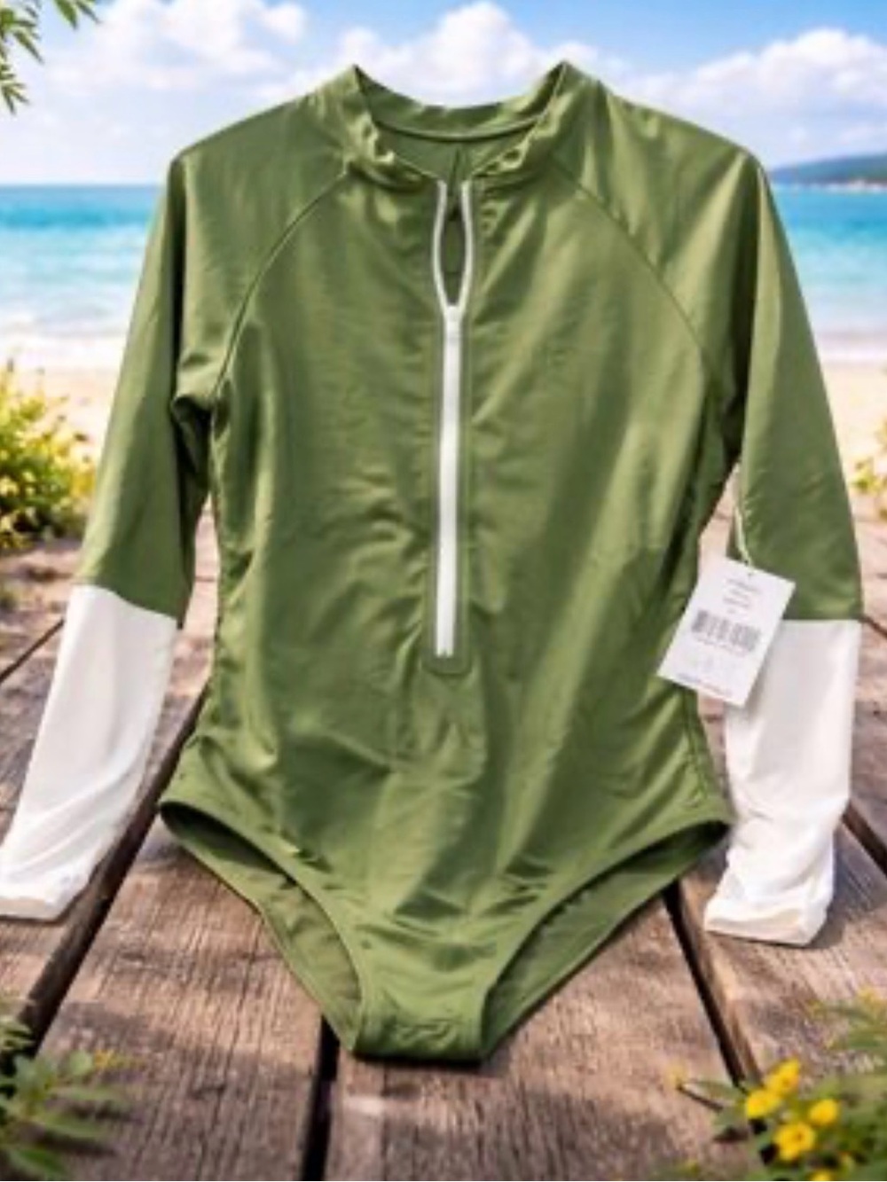 WET swimwear Olive Green and White Long-Sleeve One-Piece Swimsuit
